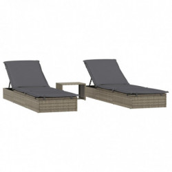 Sonnenliegen 2 Stk. mit Tisch Grau Poly Rattan