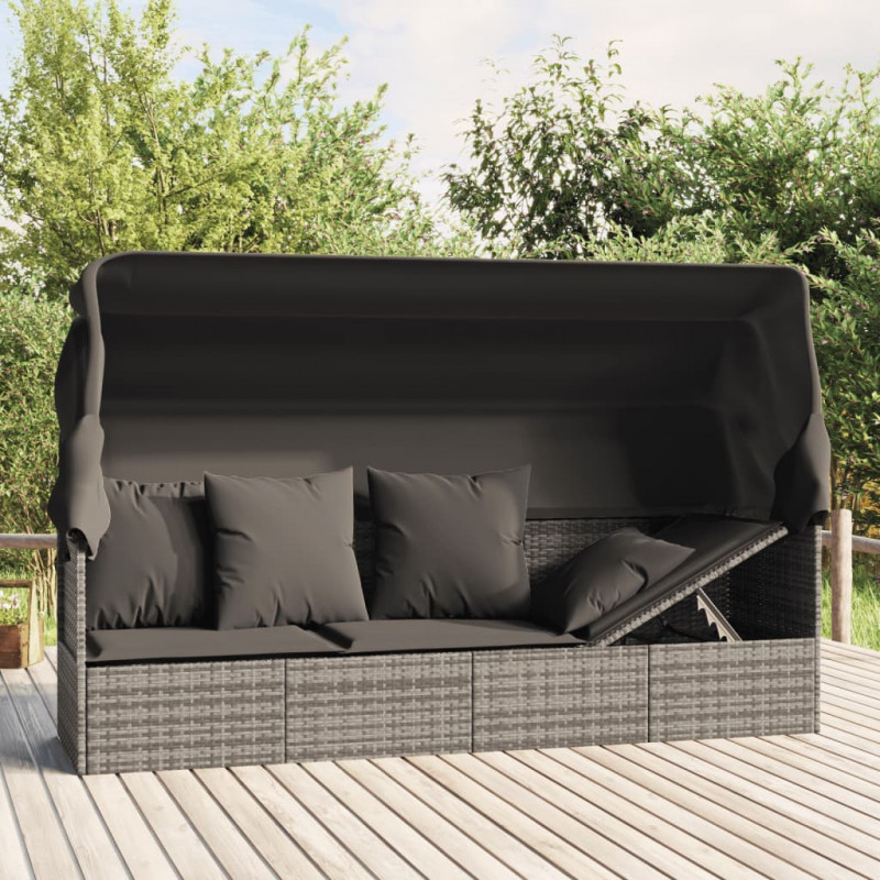 Outdoor-Loungebett mit Dach und Kissen Grau Poly Rattan