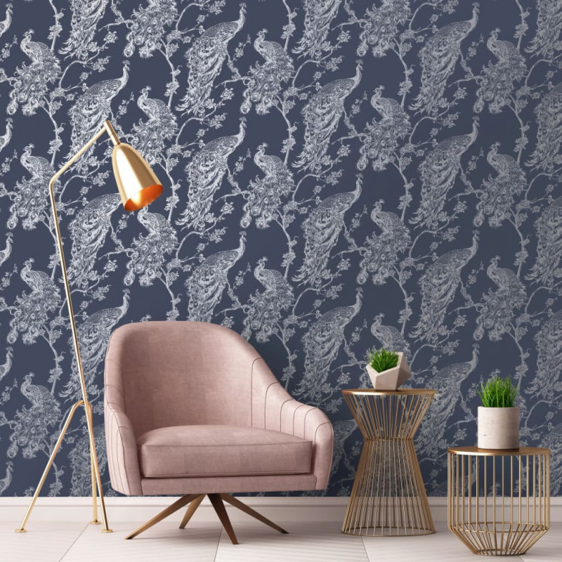 DUTCH WALLCOVERINGS Tapete Pfauen-Motiv Marineblau und Silbern