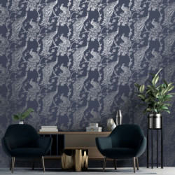 DUTCH WALLCOVERINGS Tapete Pfauen-Motiv Marineblau und Silbern