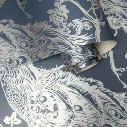 DUTCH WALLCOVERINGS Tapete Pfauen-Motiv Marineblau und Silbern