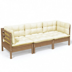 3-Sitzer-Gartensofa Benjamin mit Creme Kissen Massivholz Kiefer