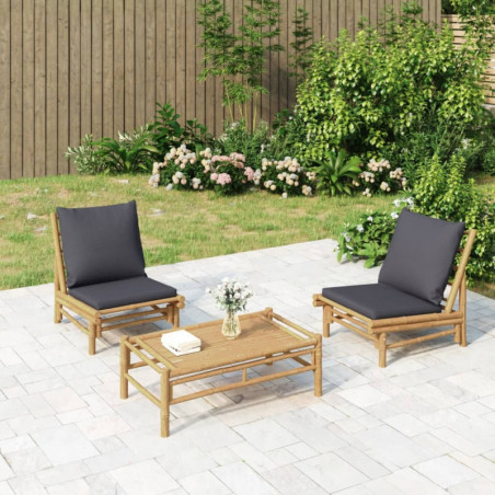 3-tlg. Garten-Lounge-Set mit Dunkelgrauen Kissen Bambus