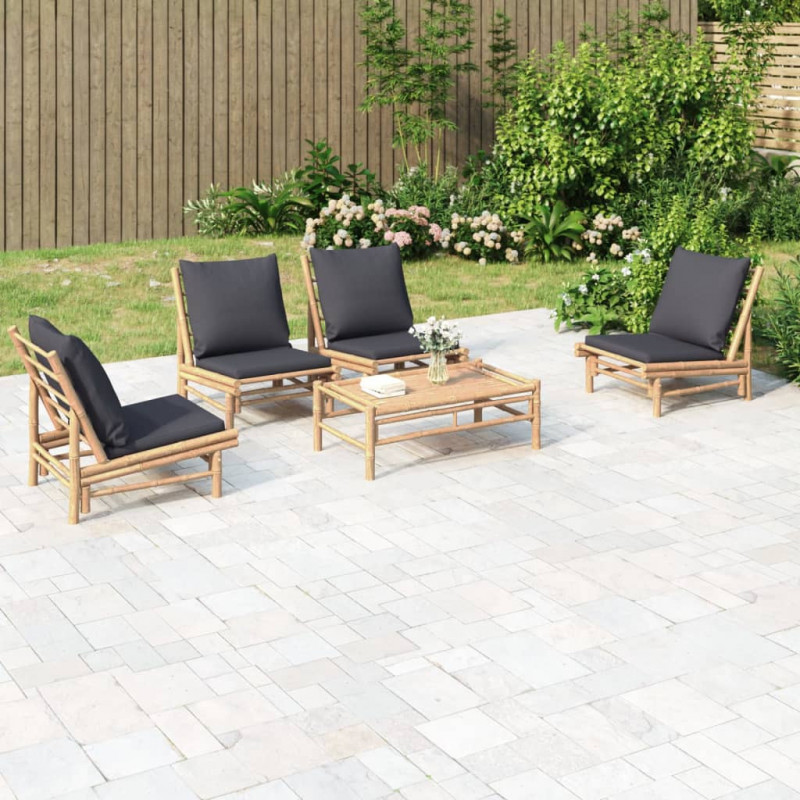 5-tlg. Garten-Lounge-Set mit Dunkelgrauen Kissen Bambus