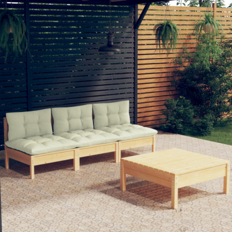 4-tlg. Garten-Lounge-Set Friderun mit Creme Kissen Kiefernholz