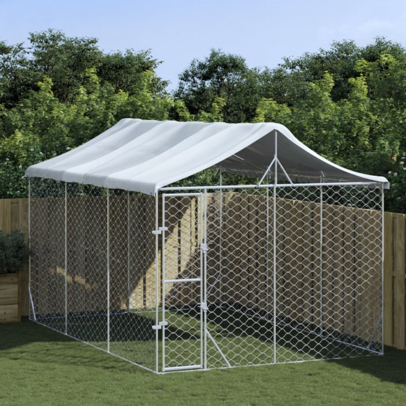 Outdoor-Hundezwinger mit Dach Silbern 3x4,5x2,5m Stahl Verzinkt