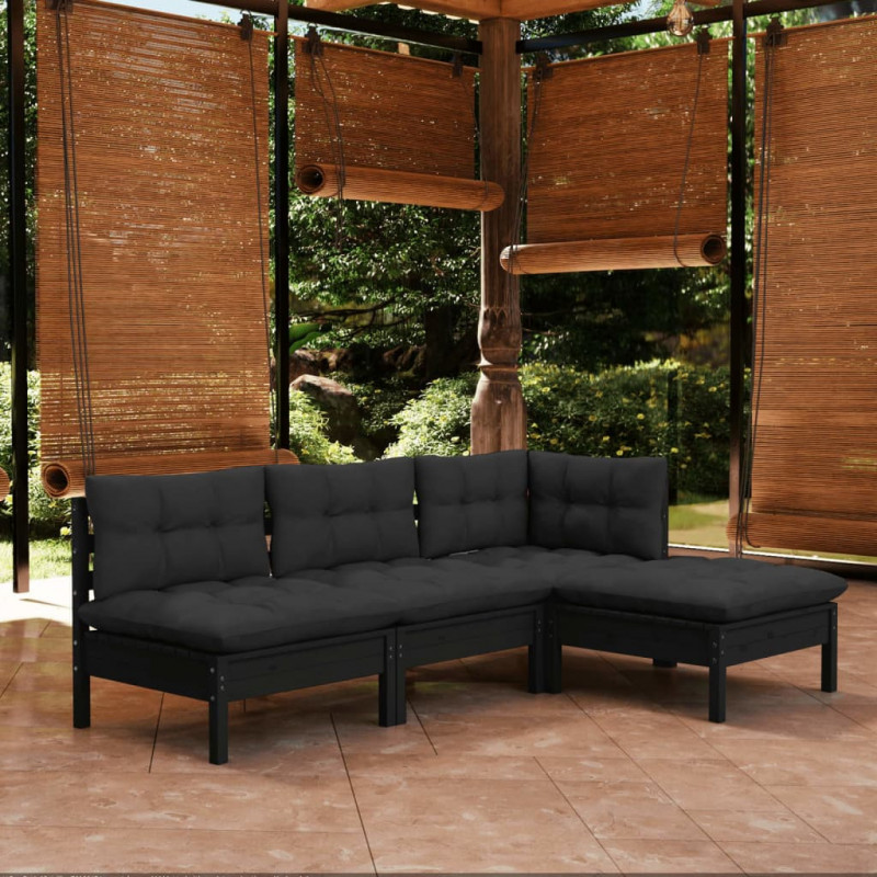 4-tlg. Garten-Lounge-Set mit Kissen Schwarz Kiefernholz