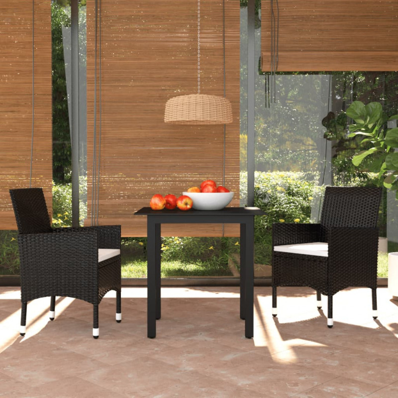 3-tlg. Garten-Essgruppe Drake mit Kissen Poly Rattan Schwarz