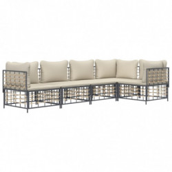 5-tlg. Garten-Lounge-Set mit Kissen Anthrazit Poly Rattan