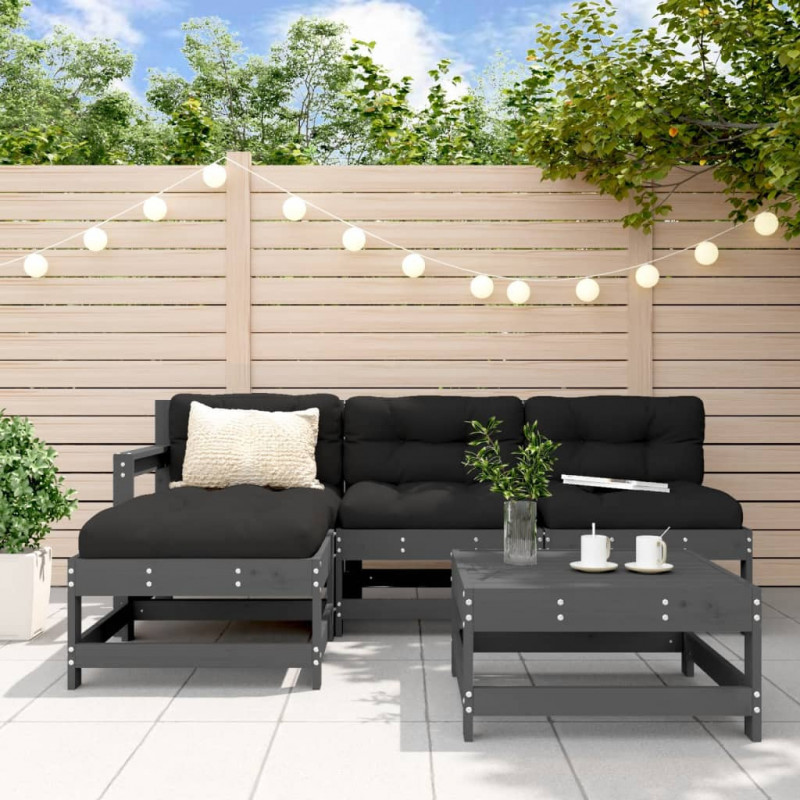 5-tlg. Garten-Lounge-Set mit Kissen Grau Massivholz