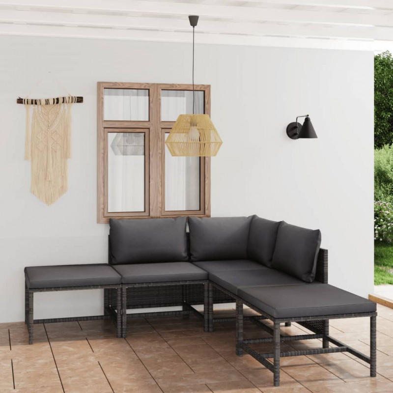 6-tlg. Garten-Lounge-Set Madlene mit Kissen Poly Rattan Grau