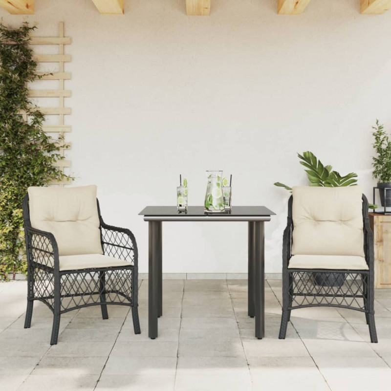 3-tlg. Bistro-Set mit Kissen Schwarz Poly Rattan