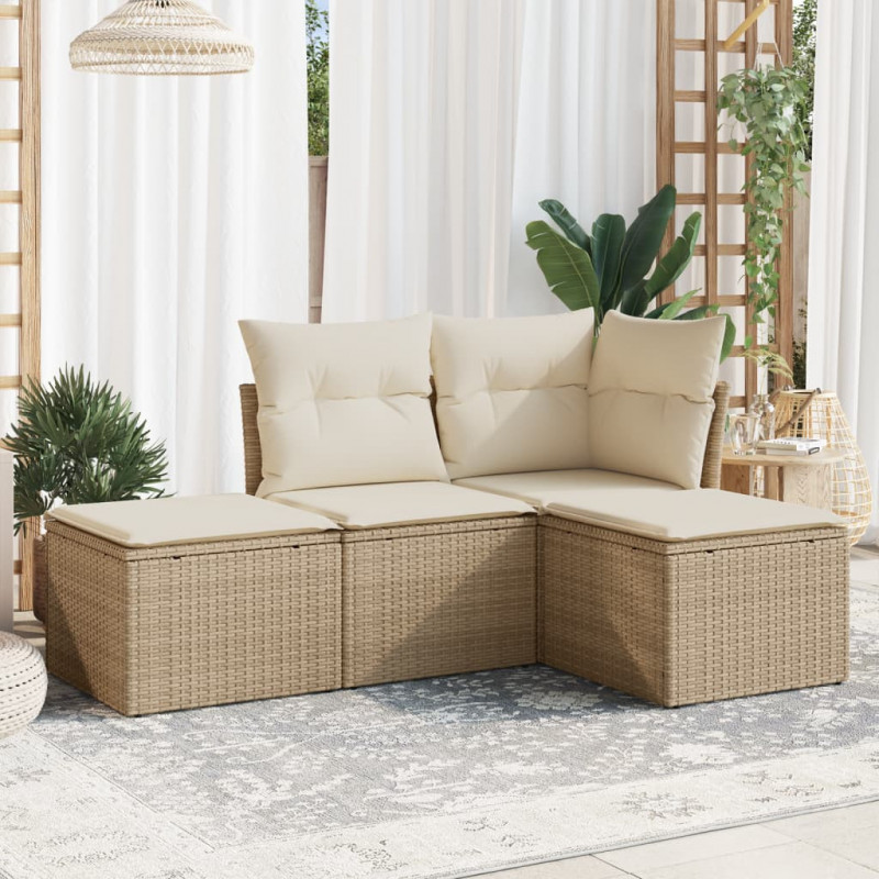 4-tlg. Garten-Sofagarnitur mit Kissen Beige Poly Rattan