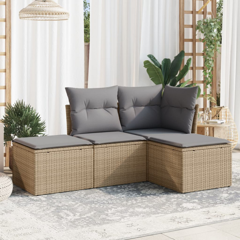 4-tlg. Garten-Sofagarnitur mit Kissen Beige Poly Rattan