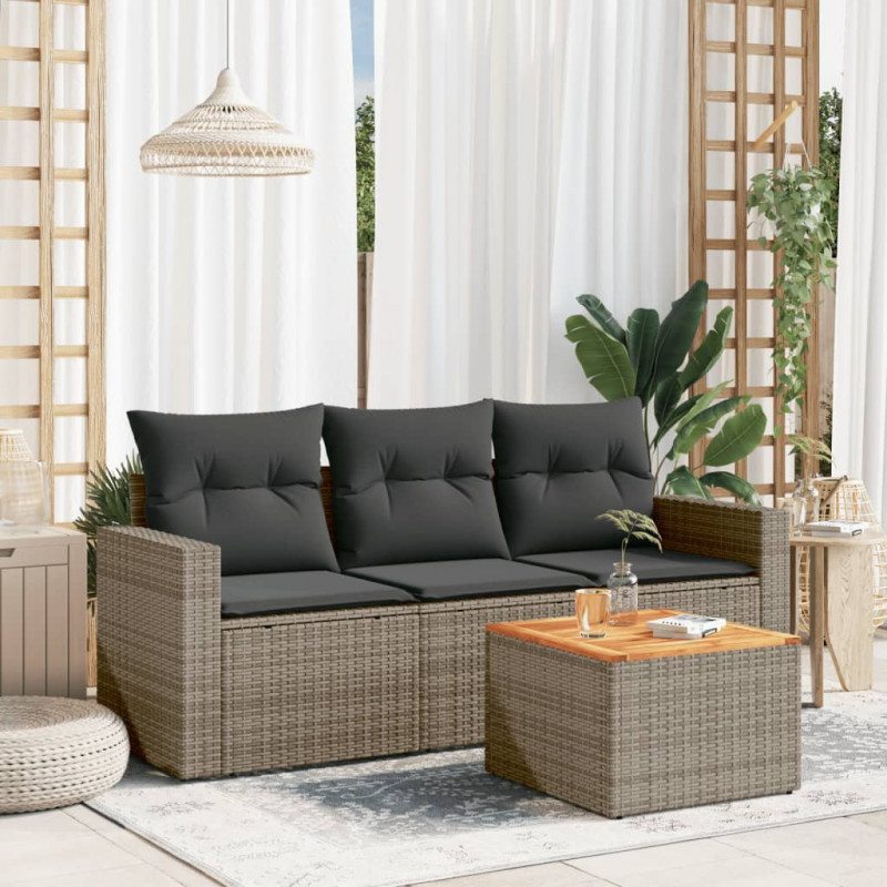 4-tlg. Garten-Sofagarnitur mit Kissen Grau Poly Rattan