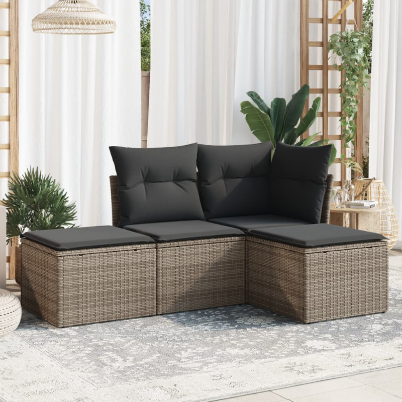 4-tlg. Garten-Sofagarnitur mit Kissen Grau Poly Rattan