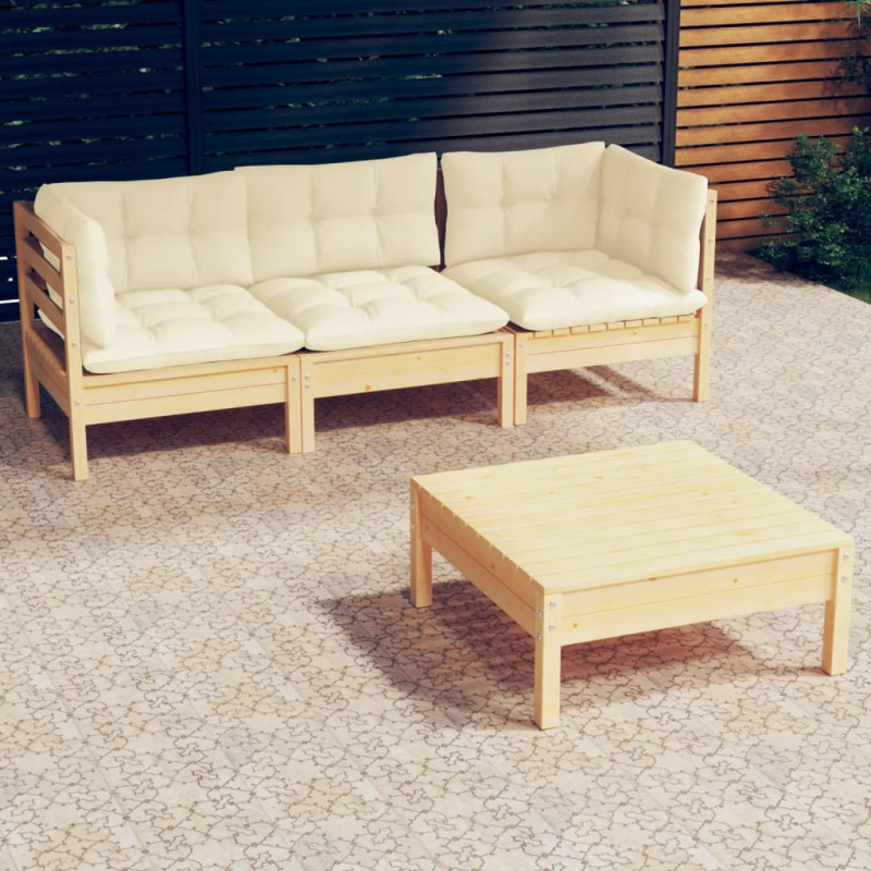 4-tlg. Garten-Lounge-Set Gebhard mit Creme Kissen Kiefernholz