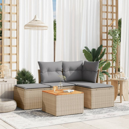 5-tlg. Garten-Sofagarnitur mit Kissen Beige Poly Rattan