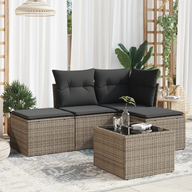 5-tlg. Garten-Sofagarnitur mit Kissen Grau Poly Rattan