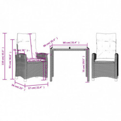 3-tlg. Garten-Essgruppe mit Kissen Grau Poly Rattan