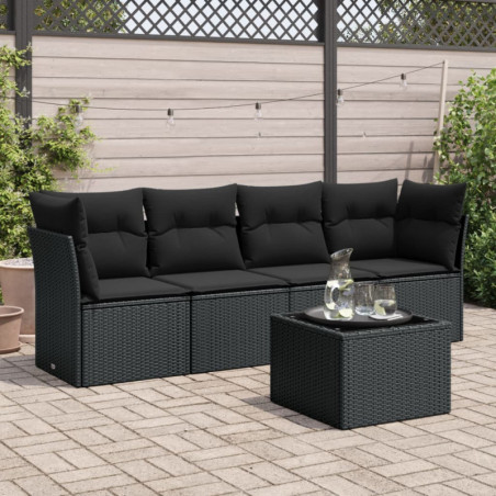 5-tlg. Garten-Sofagarnitur mit Kissen Schwarz Poly Rattan