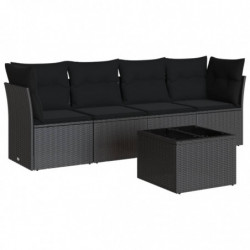 5-tlg. Garten-Sofagarnitur mit Kissen Schwarz Poly Rattan