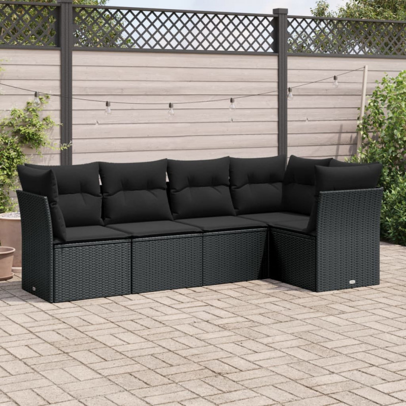 5-tlg. Garten-Sofagarnitur mit Kissen Schwarz Poly Rattan