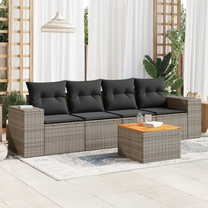 5-tlg. Garten-Sofagarnitur mit Kissen Grau Poly Rattan