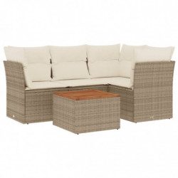 5-tlg. Garten-Sofagarnitur mit Kissen Beige Poly Rattan