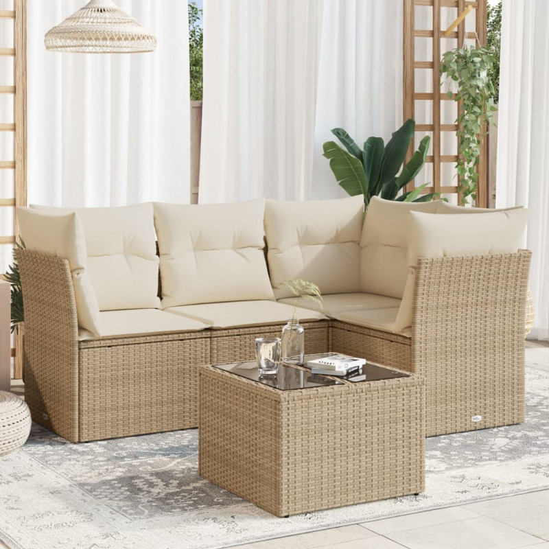 5-tlg. Garten-Sofagarnitur mit Kissen Beige Poly Rattan