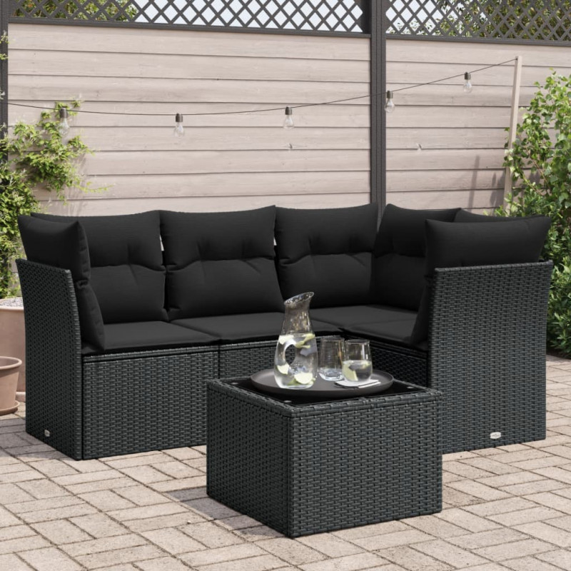 5-tlg. Garten-Sofagarnitur mit Kissen Schwarz Poly Rattan