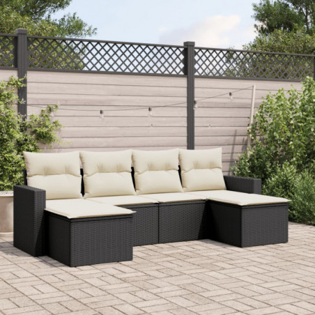 6-tlg. Garten-Sofagarnitur mit Kissen Schwarz Poly Rattan