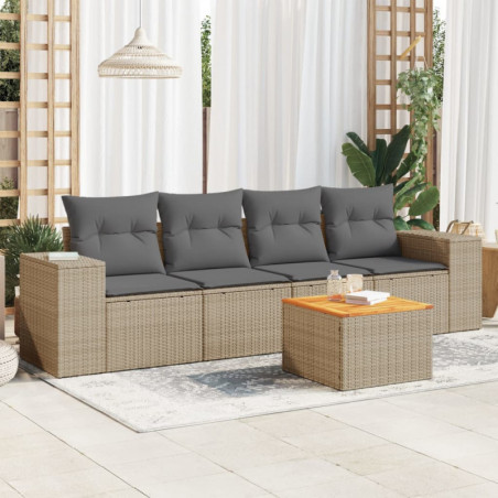 5-tlg. Garten-Sofagarnitur mit Kissen Beige Poly Rattan