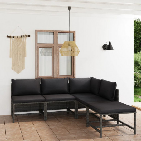 5-tlg. Garten-Lounge-Set Hendric mit Kissen Poly Rattan Grau