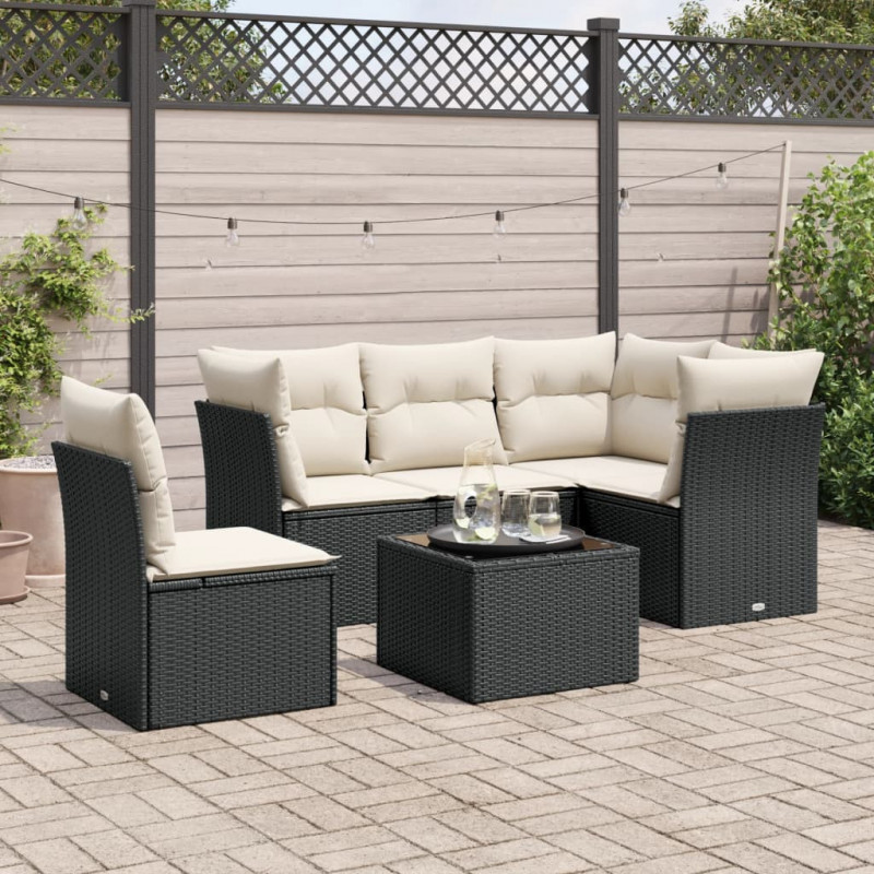 6-tlg. Garten-Sofagarnitur mit Kissen Schwarz Poly Rattan