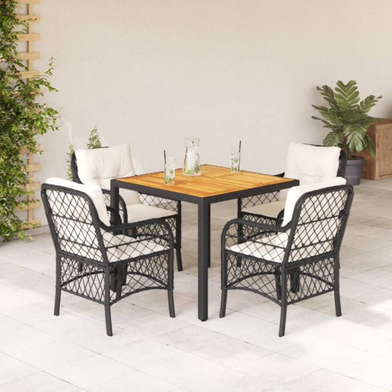 5-tlg. Garten-Essgruppe mit Kissen Schwarz Poly Rattan