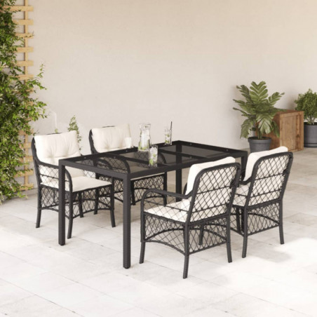 5-tlg. Garten-Essgruppe mit Kissen Schwarz Poly Rattan