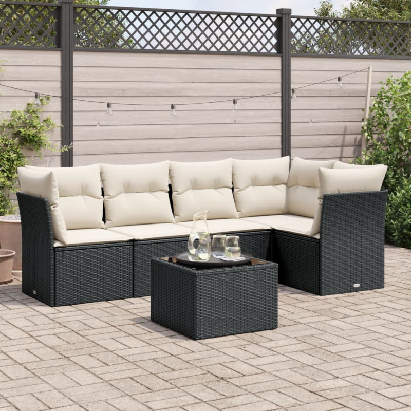 6-tlg. Garten-Sofagarnitur mit Kissen Schwarz Poly Rattan