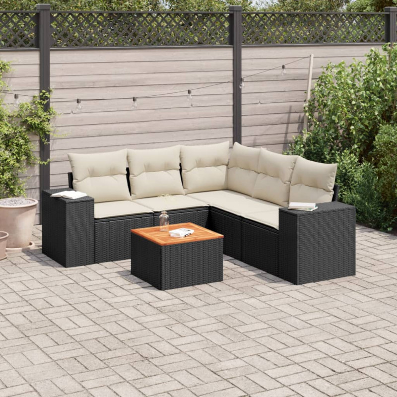 6-tlg. Garten-Sofagarnitur mit Kissen Schwarz Poly Rattan