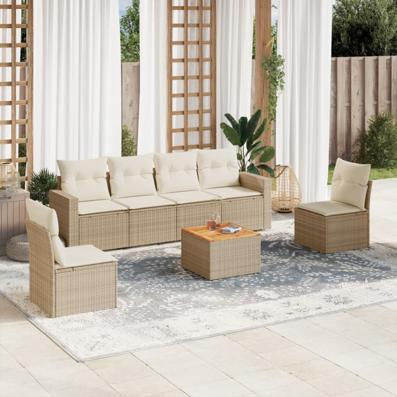 7-tlg. Garten-Sofagarnitur mit Kissen Beige Poly Rattan