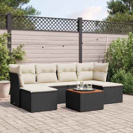 7-tlg. Garten-Sofagarnitur mit Kissen Schwarz Poly Rattan