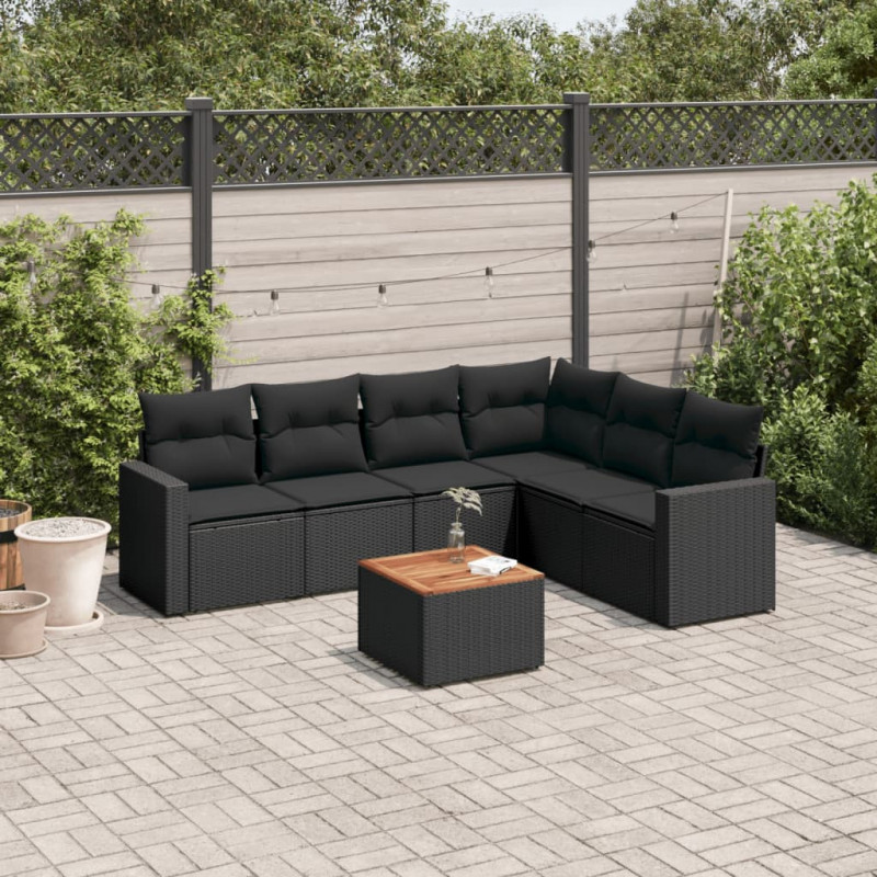 7-tlg. Garten-Sofagarnitur mit Kissen Schwarz Poly Rattan