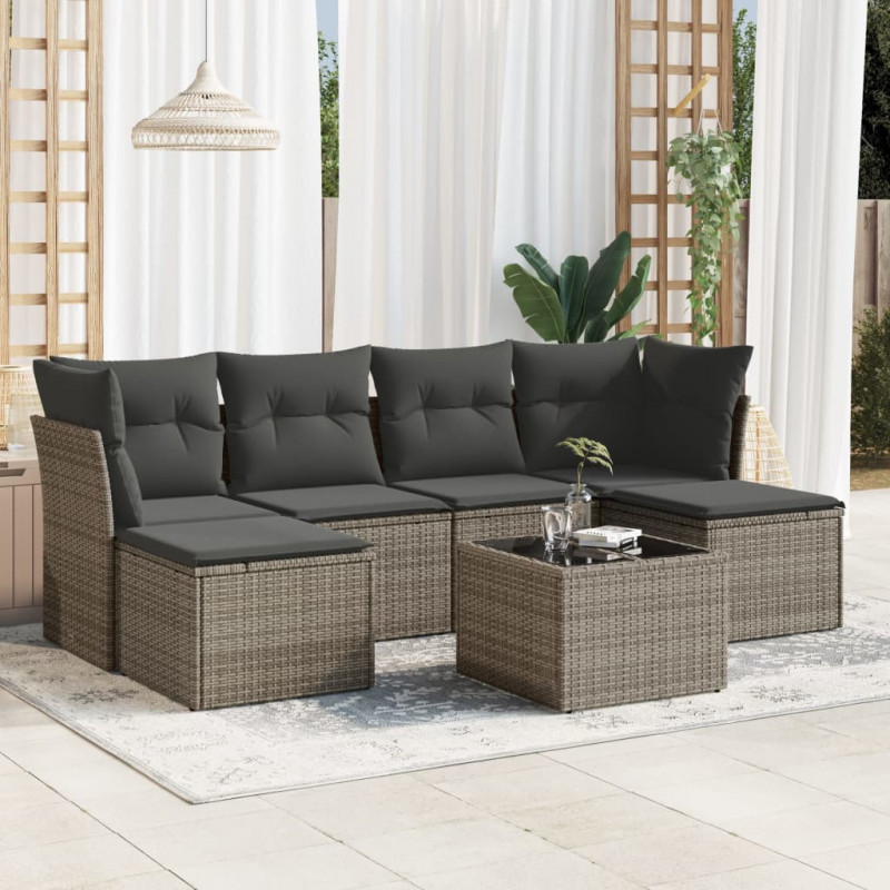 7-tlg. Garten-Sofagarnitur mit Kissen Grau Poly Rattan