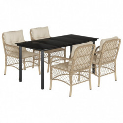 5-tlg. Garten-Essgruppe mit Kissen Beige Poly Rattan