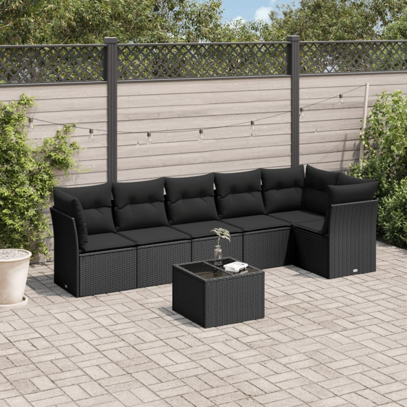 7-tlg. Garten-Sofagarnitur mit Kissen Schwarz Poly Rattan