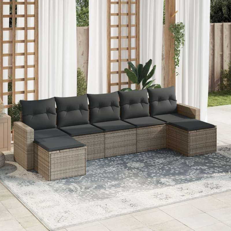 7-tlg. Garten-Sofagarnitur mit Kissen Grau Poly Rattan