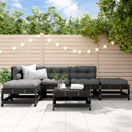 6-tlg. Garten-Lounge-Set mit Kissen Schwarz Massivholz