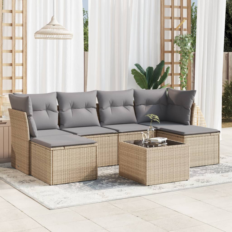 7-tlg. Garten-Sofagarnitur mit Kissen Beige Poly Rattan