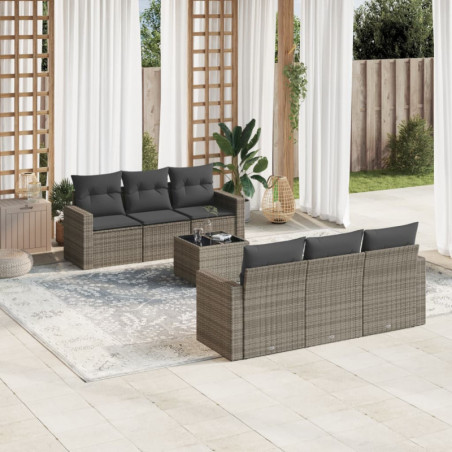 7-tlg. Garten-Sofagarnitur mit Kissen Grau Poly Rattan