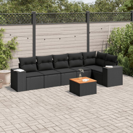 7-tlg. Garten-Sofagarnitur mit Kissen Schwarz Poly Rattan